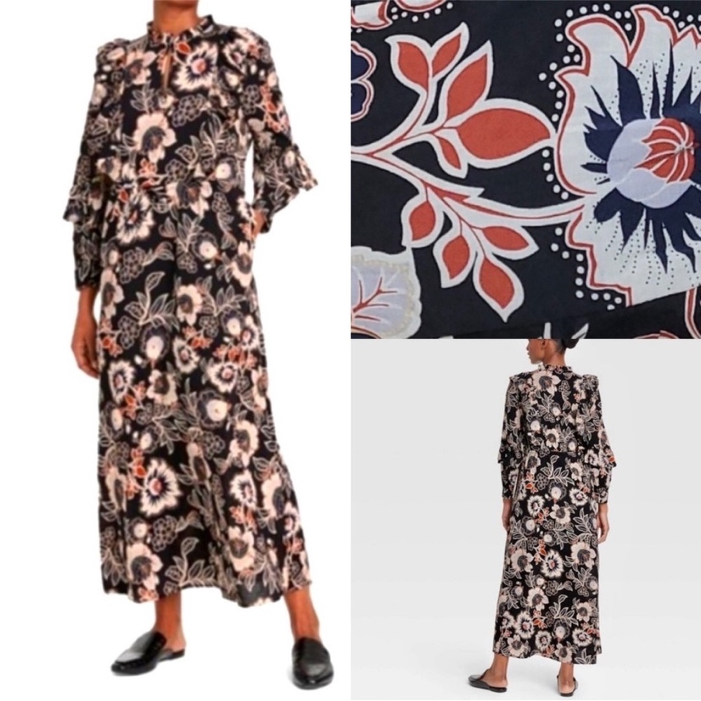 WHO WHAT WEAR black floral maxi long sleeve dress .  Size Small.  Brand new